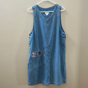 Christopher & Banks Sleeveless Denim Dress Embroidered Cats Flags